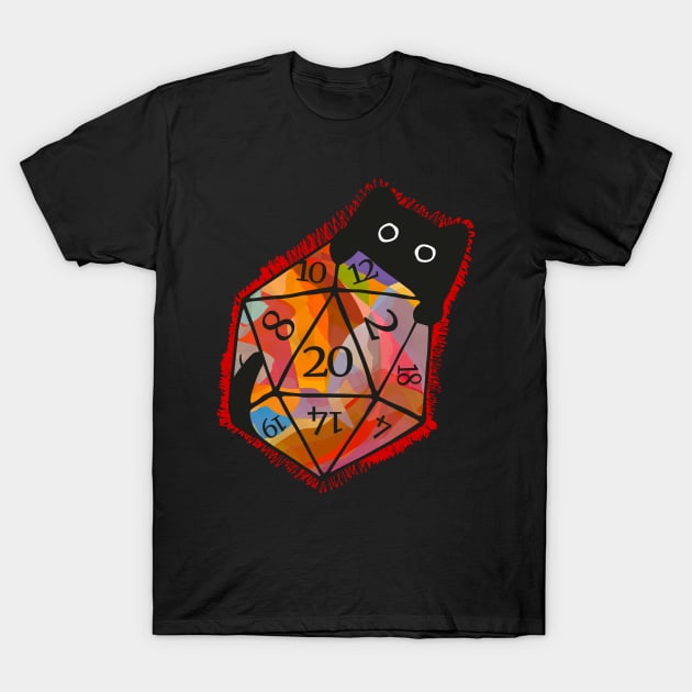 Cute cat behind colorful D20 dice T-Shirt by Ravendax